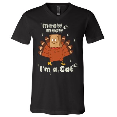 Thanksgiving Funny Turkey Fake Cat Retro V-Neck T-Shirt