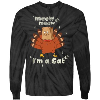 Thanksgiving Funny Turkey Fake Cat Retro Tie-Dye Long Sleeve Shirt