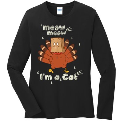 Thanksgiving Funny Turkey Fake Cat Retro Ladies Long Sleeve Shirt