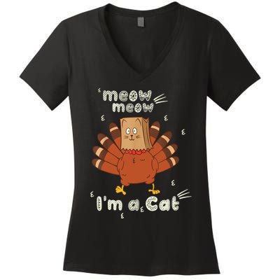 Thanksgiving Funny Turkey Fake Cat Retro Women's V-Neck T-Shirt