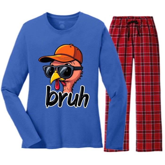 Turkey Face Thanksgiving Bruh Man Turkey Women's Long Sleeve Flannel Pajama Set 