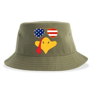 Turkey Face Thanksgiving Cute American Flag Sunglasses Gift Sustainable Bucket Hat