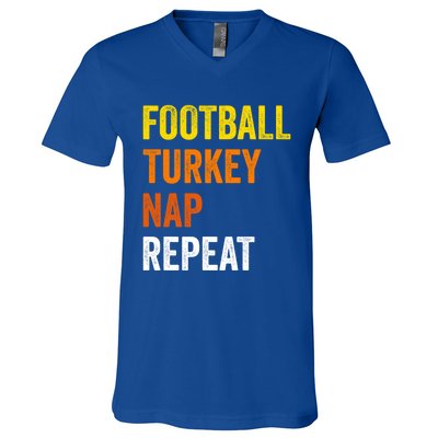 Thanksgiving Football Turkey Nap Repeat Funny Gift V-Neck T-Shirt