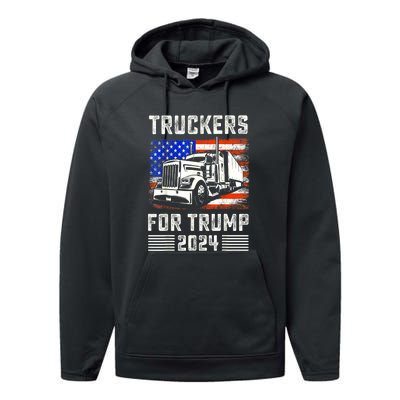 Truckers For Trump American Flag Funny Trump 2024 Vintage Gift Performance Fleece Hoodie