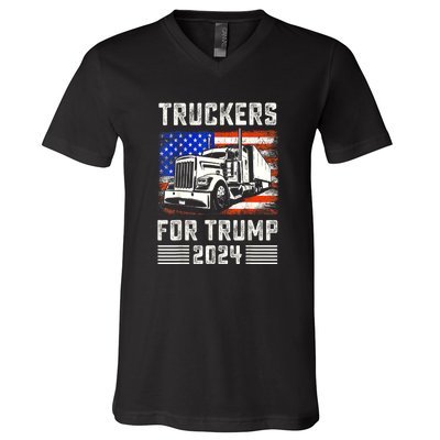 Truckers For Trump American Flag Funny Trump 2024 Vintage Gift V-Neck T-Shirt