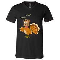 Thanksgiving Funny Turkey Fake Dog WOOF Happy Thanksgiving V-Neck T-Shirt