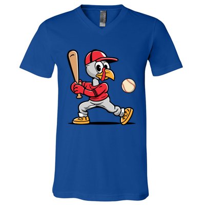 Thanksgiving Funny Turkey Playing Baseball Swing Meaningful Gift V-Neck T-Shirt