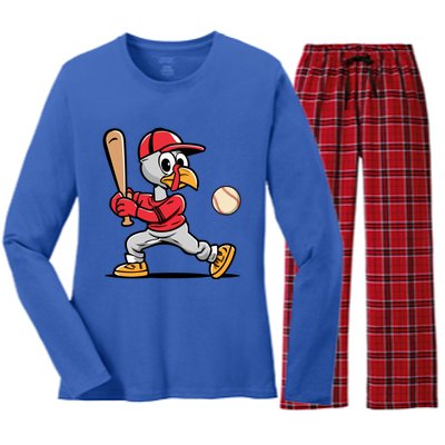 Thanksgiving Funny Turkey Playing Baseball Swing Meaningful Gift Women's Long Sleeve Flannel Pajama Set 