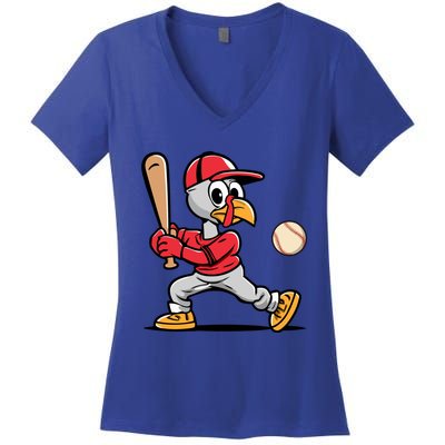 Thanksgiving Funny Turkey Playing Baseball Swing Meaningful Gift Women's V-Neck T-Shirt