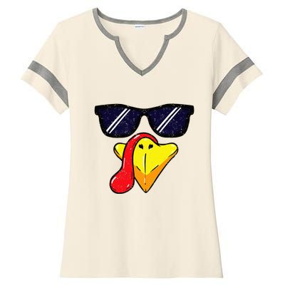 Turkey Face Thanksgiving Day Pilgrim Trot Costume Ladies Halftime Notch Neck Tee