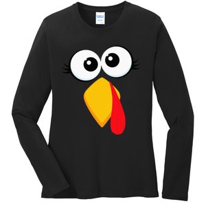 Turkey Face Thanksgiving Cute Chicken Face Ladies Long Sleeve Shirt