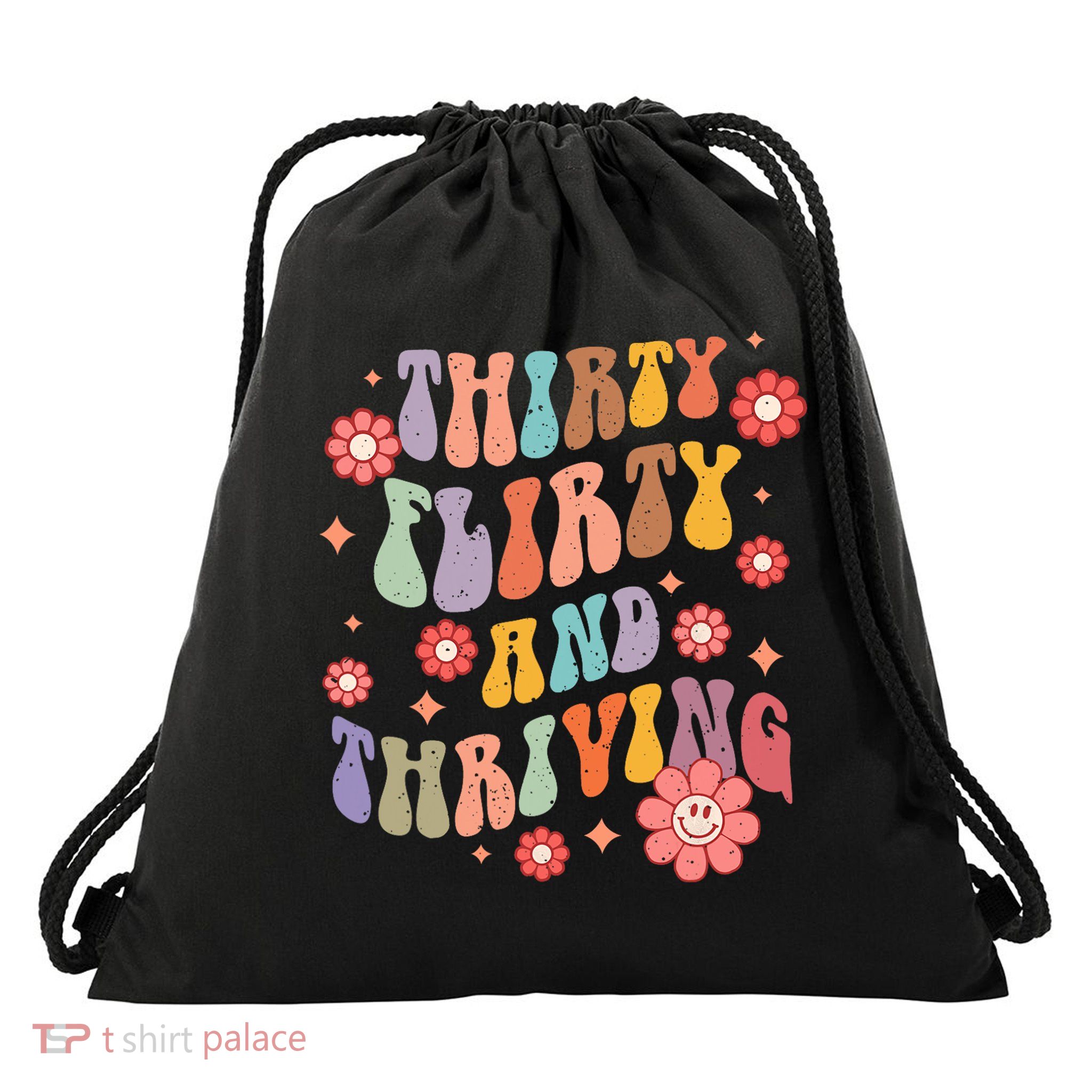 Thirty Flirty & Thriving Groovy 30th Birthday Retro 30 Years Drawstring Bag