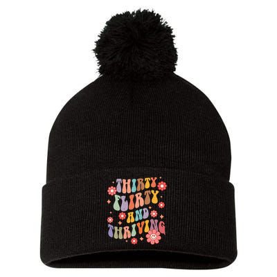 Thirty Flirty & Thriving Groovy 30th Birthday Retro 30 Years Pom Pom 12in Knit Beanie