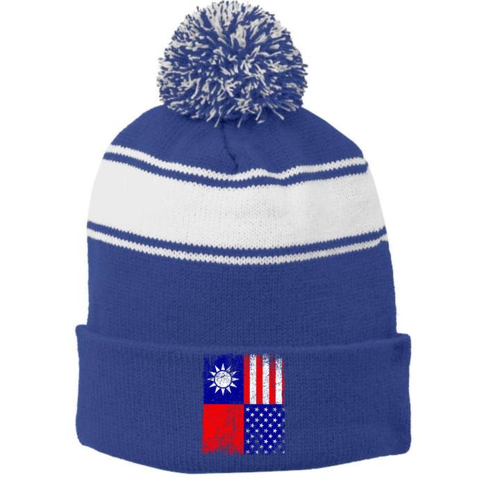 Taiwan Flag Usa Flag Distressed Retro Vintage Taiwanese Meaningful Gift Stripe Pom Pom Beanie