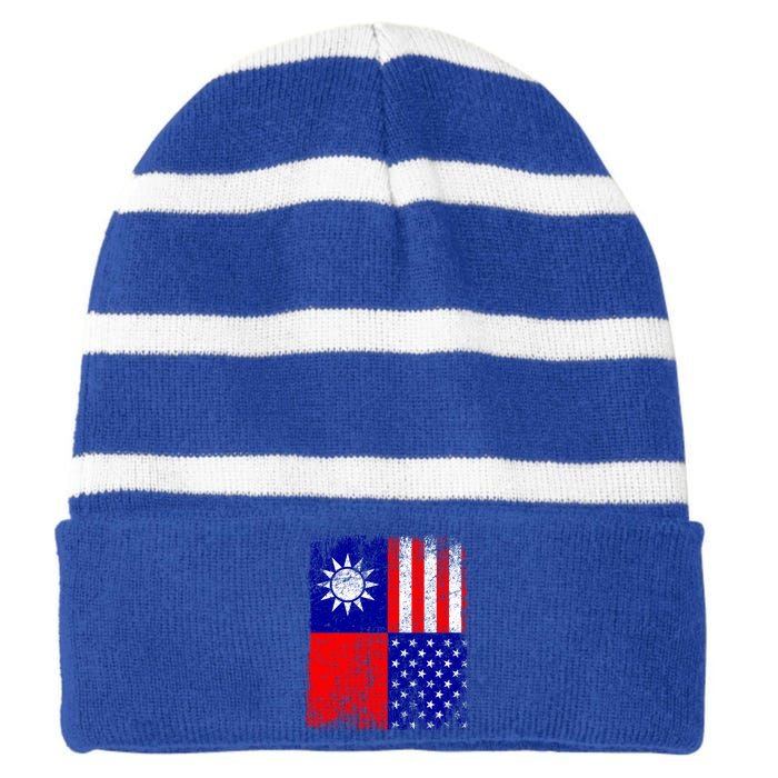 Taiwan Flag Usa Flag Distressed Retro Vintage Taiwanese Meaningful Gift Striped Beanie with Solid Band