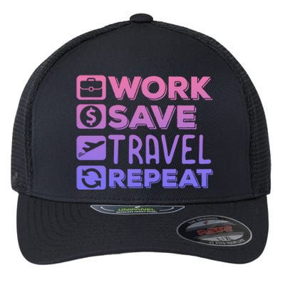 Traveller Flight Vacation Work Save Travel Repeat Watercolor Gift Flexfit Unipanel Trucker Cap