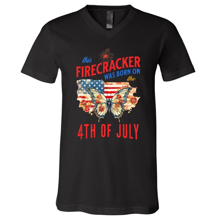 This Firecracker Was Born On The Fourth Of July Birthday V-Neck T-Shirt