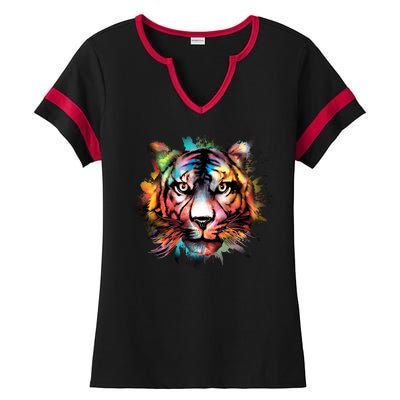 Tiger Face Watercolor Ladies Halftime Notch Neck Tee