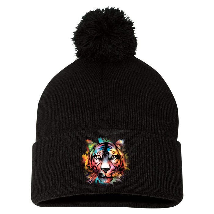 Tiger Face Watercolor Pom Pom 12in Knit Beanie