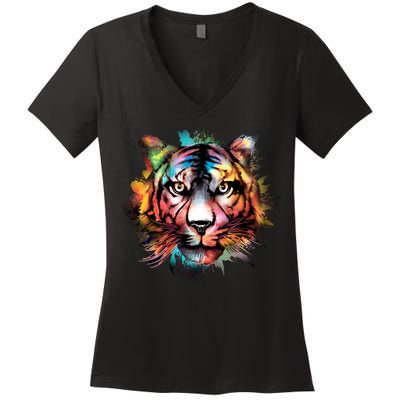 Tiger Face Watercolor Women's V-Neck T-Shirt