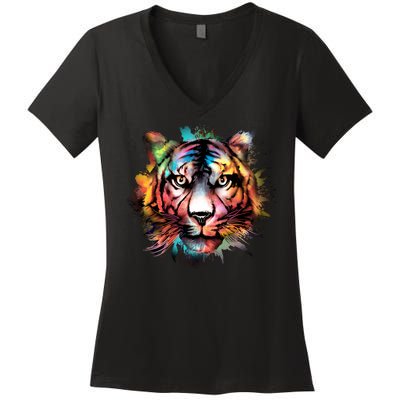 Tiger Face Watercolor Women's V-Neck T-Shirt