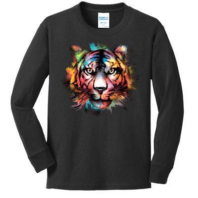 Tiger Face Watercolor Kids Long Sleeve Shirt