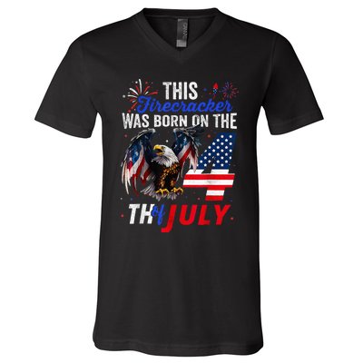 This Firecracker Was Born On The Fourth Of July Birthday V-Neck T-Shirt