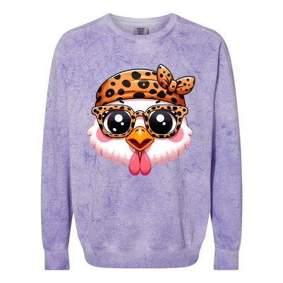 Turkey Face With Leopard Glasses Thanksgiving Meaningful Gift Colorblast Crewneck Sweatshirt