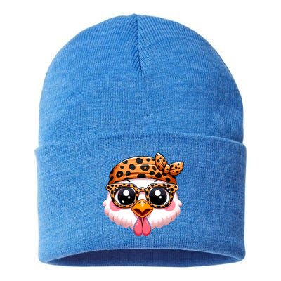 Turkey Face With Leopard Glasses Thanksgiving Meaningful Gift Sustainable Knit Beanie