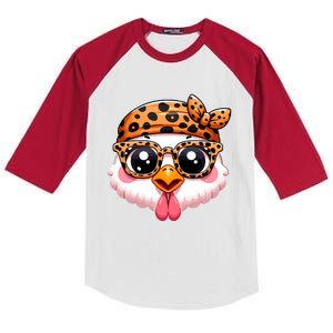 Turkey Face With Leopard Glasses Thanksgiving Meaningful Gift Kids Colorblock Raglan Jersey