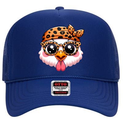 Turkey Face With Leopard Glasses Thanksgiving Meaningful Gift High Crown Mesh Back Trucker Hat