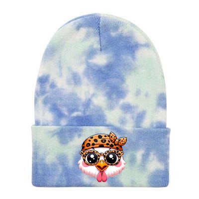 Turkey Face With Leopard Glasses Thanksgiving Meaningful Gift Tie Dye 12in Knit Beanie