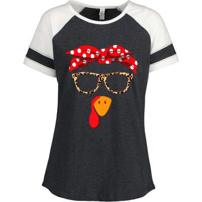 Turkey Face With Leopard Glasses Thanksgiving Gift Enza Ladies Jersey Colorblock Tee