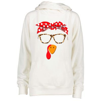 Turkey Face With Leopard Glasses Thanksgiving Gift Womens Funnel Neck Pullover Hood