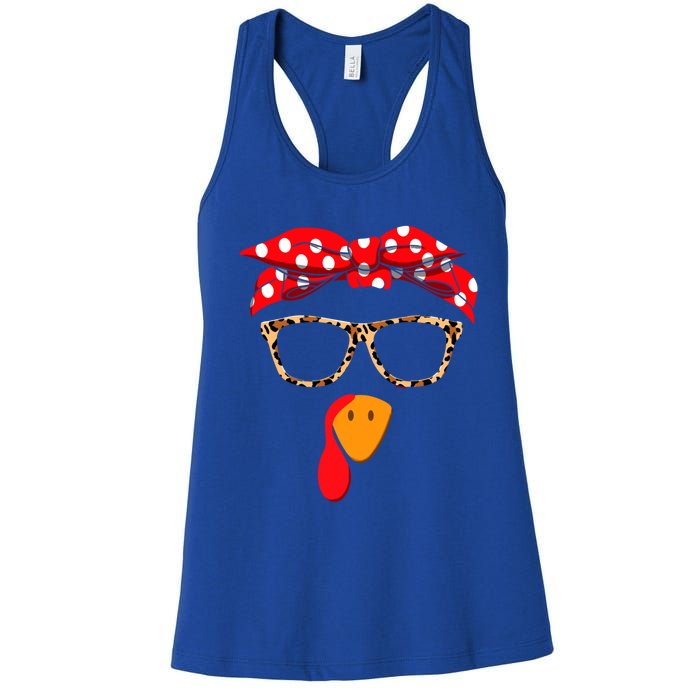 Turkey Face With Leopard Glasses Thanksgiving Gift Women's Racerback Tank