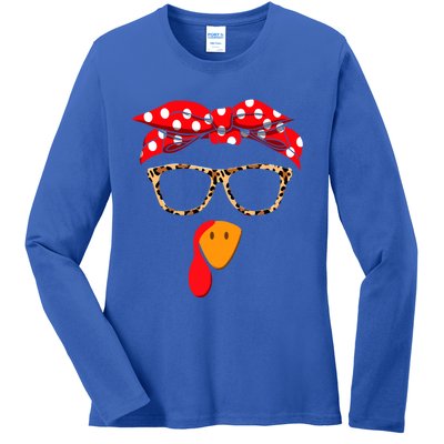 Turkey Face With Leopard Glasses Thanksgiving Gift Ladies Long Sleeve Shirt