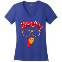 Turkey Face With Leopard Glasses Thanksgiving Gift Women's V-Neck T-Shirt