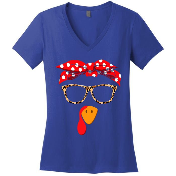 Turkey Face With Leopard Glasses Thanksgiving Gift Women's V-Neck T-Shirt