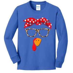 Turkey Face With Leopard Glasses Thanksgiving Gift Kids Long Sleeve Shirt