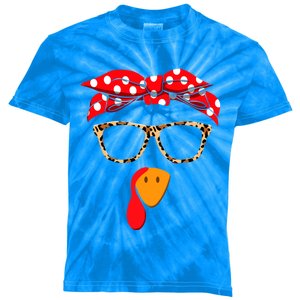 Turkey Face With Leopard Glasses Thanksgiving Gift Kids Tie-Dye T-Shirt