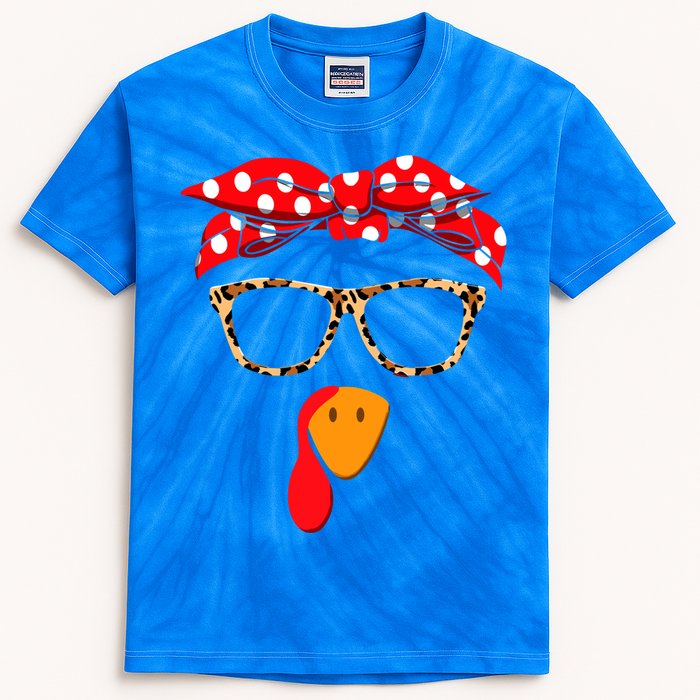 Turkey Face With Leopard Glasses Thanksgiving Gift Kids Tie-Dye T-Shirt