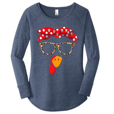 Turkey Face With Leopard Glasses Thanksgiving Gift Women's Perfect Tri Tunic Long Sleeve Shirt