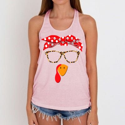 Turkey Face With Leopard Glasses Thanksgiving Gift Women's Knotted Racerback Tank