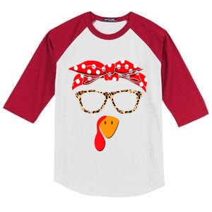 Turkey Face With Leopard Glasses Thanksgiving Gift Kids Colorblock Raglan Jersey