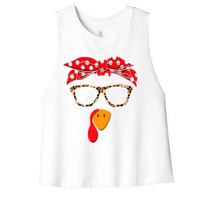 Turkey Face With Leopard Glasses Thanksgiving Gift Women's Racerback Cropped Tank