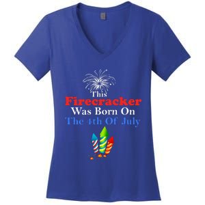 This Firecracker Was Born On The 4th Of July Birthday Usa Us Gift Women's V-Neck T-Shirt