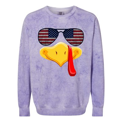 Turkey Face with Glasses Vintage Usa Flag for Thanksgiving  Colorblast Crewneck Sweatshirt