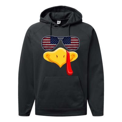 Turkey Face with Glasses Vintage Usa Flag for Thanksgiving  Performance Fleece Hoodie