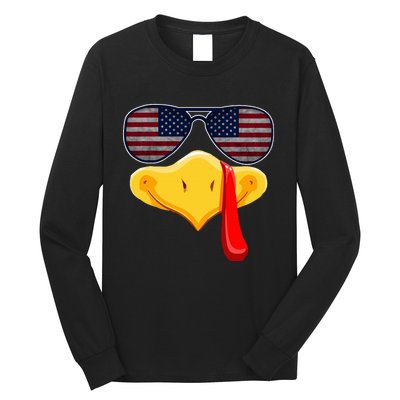 Turkey Face with Glasses Vintage Usa Flag for Thanksgiving  Long Sleeve Shirt