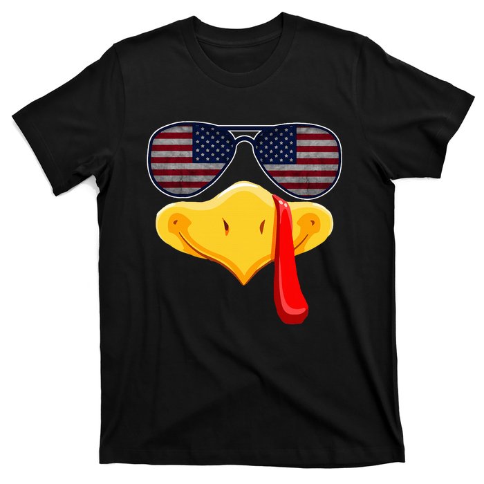 Turkey Face with Glasses Vintage Usa Flag for Thanksgiving  T-Shirt